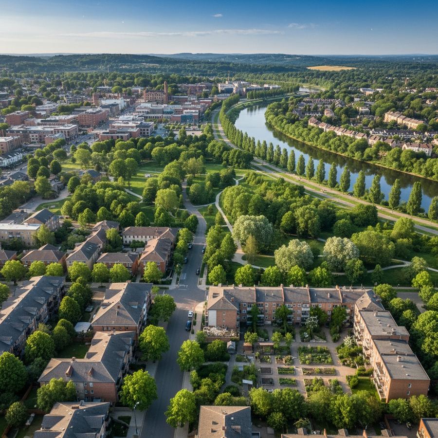 Aerial view of an urban area showing rooftops and scattered tree canopy