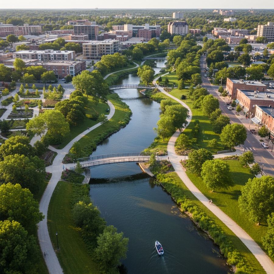An aerial view of a river corridor passing through a small town with green banks and walking paths