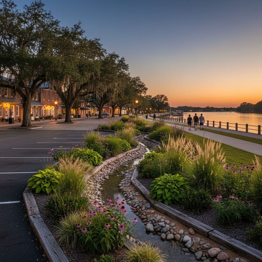 A planted bioswale with native vegetation running along the edge of a parking area