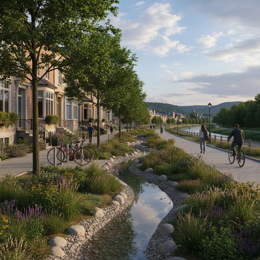 A planted bioswale capturing rainwater runoff along a residential street