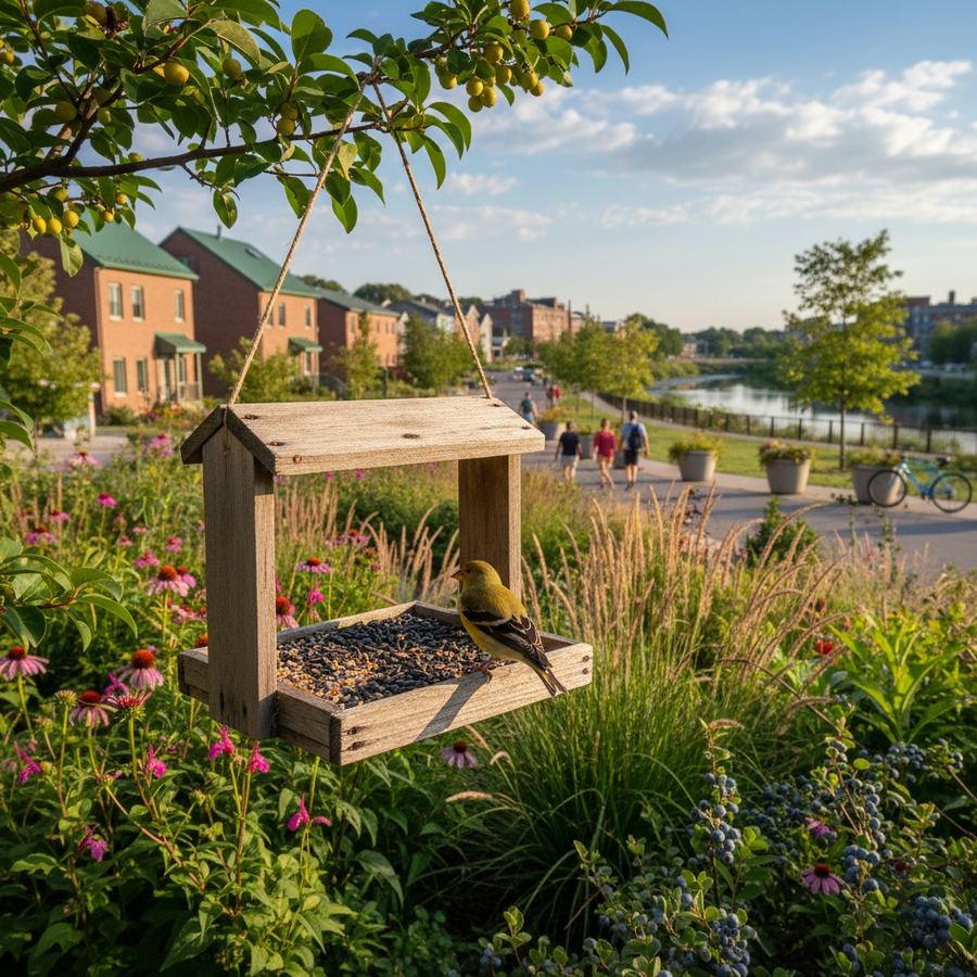 A native bird visiting a backyard feeder surrounded by native shrubs and perennials