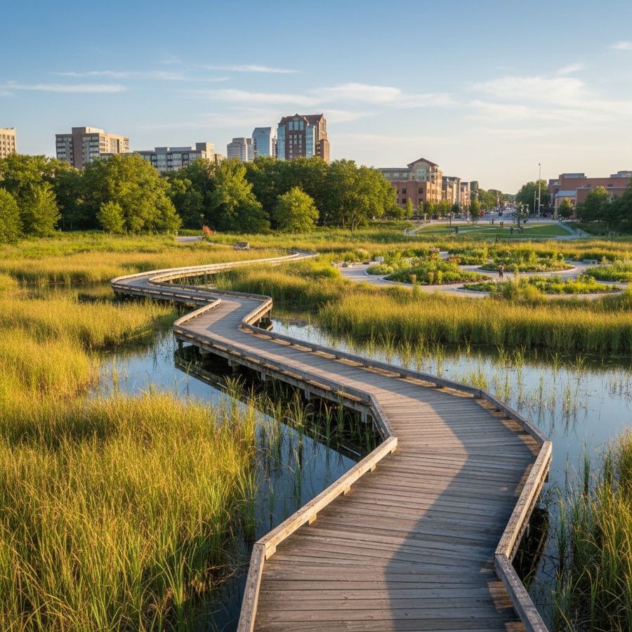 A wooden boardwalk crossing a wetland area with reeds and calm water