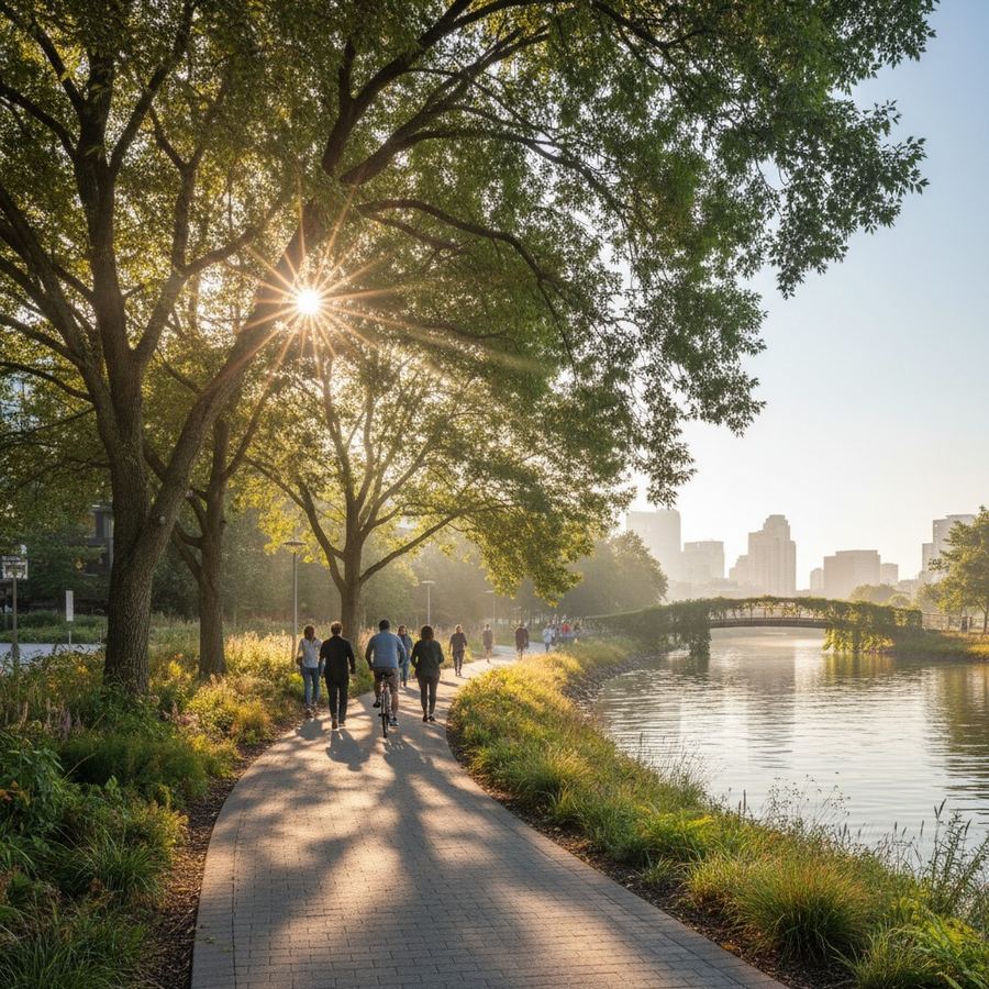 Mature trees and a walking path in a city park bathed in morning light