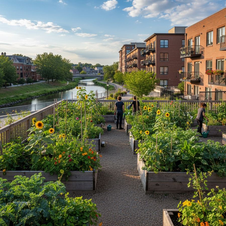 A community garden with raised beds adjacent to a small-town commercial area