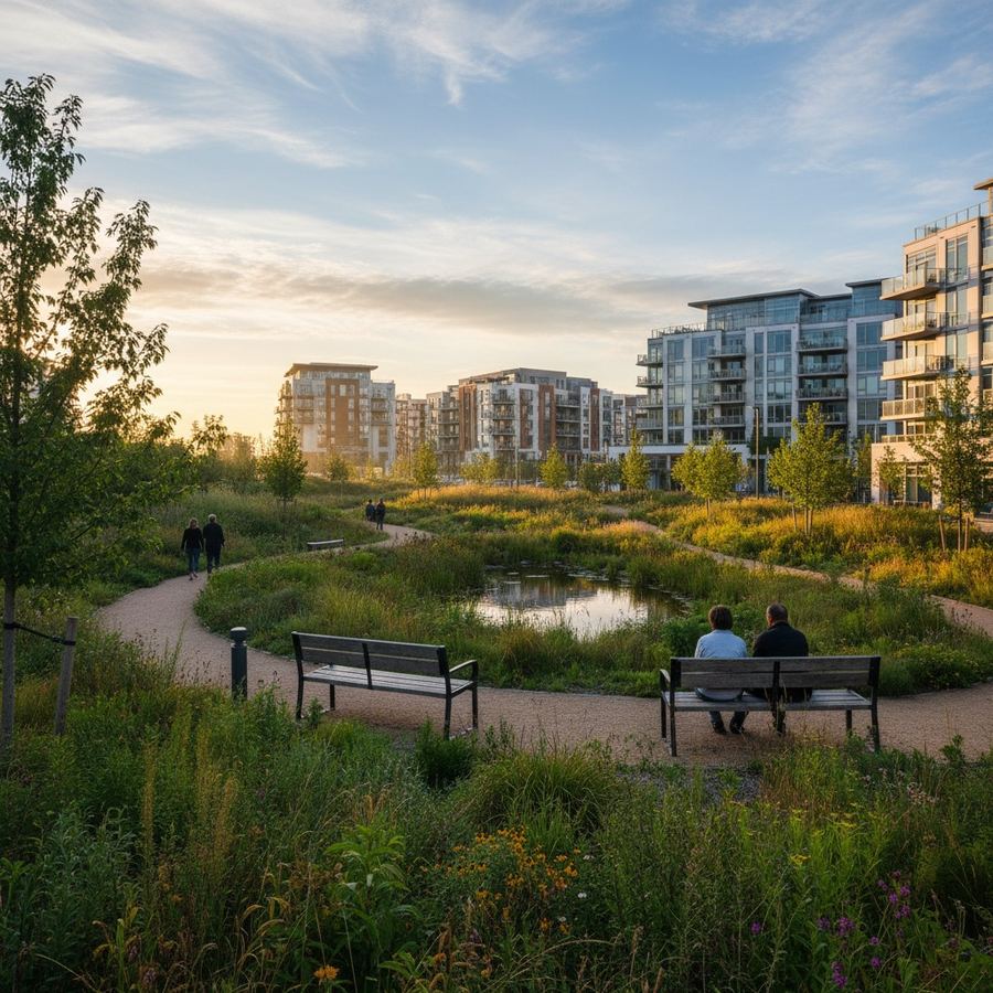 A community green space with native plantings, a gravel path, and benches near a residential area