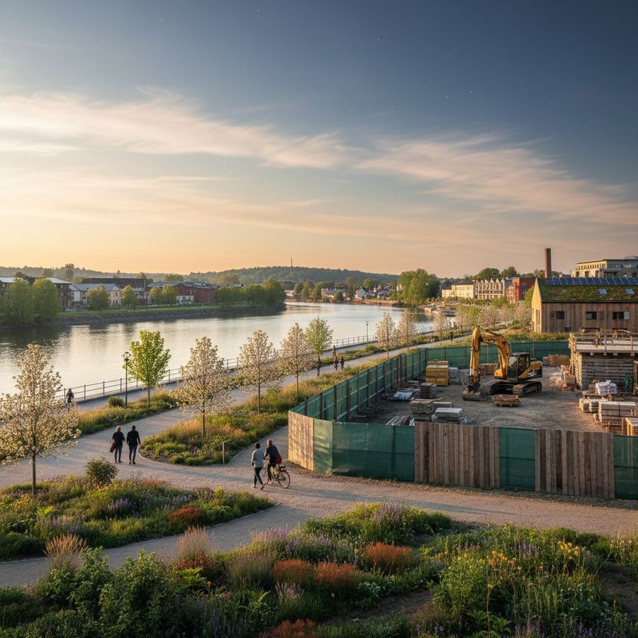 A waterfront construction site with barriers and equipment alongside a public pathway