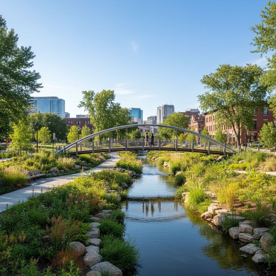 A pedestrian bridge over a small stream connecting two sections of urban parkland with native plantings along the banks