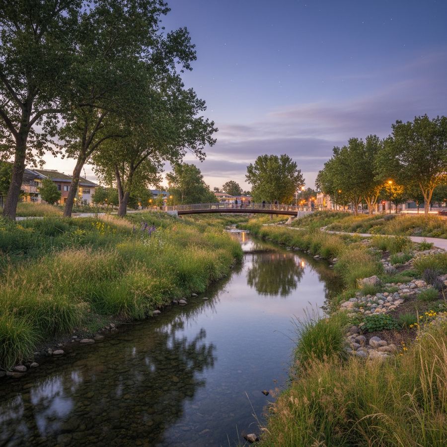 Natural creek bank with native grasses and trees along a gentle slope