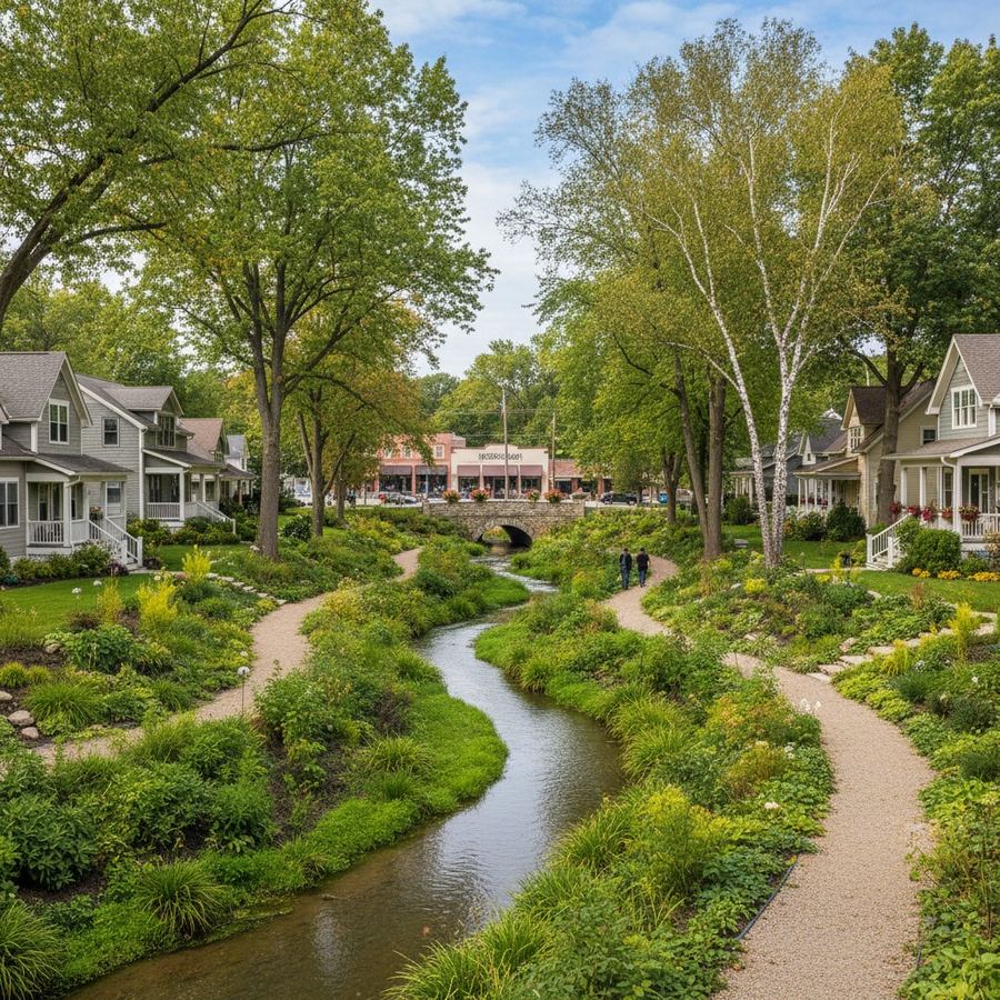 A vegetated creek buffer with native shrubs and trees running through a residential neighborhood