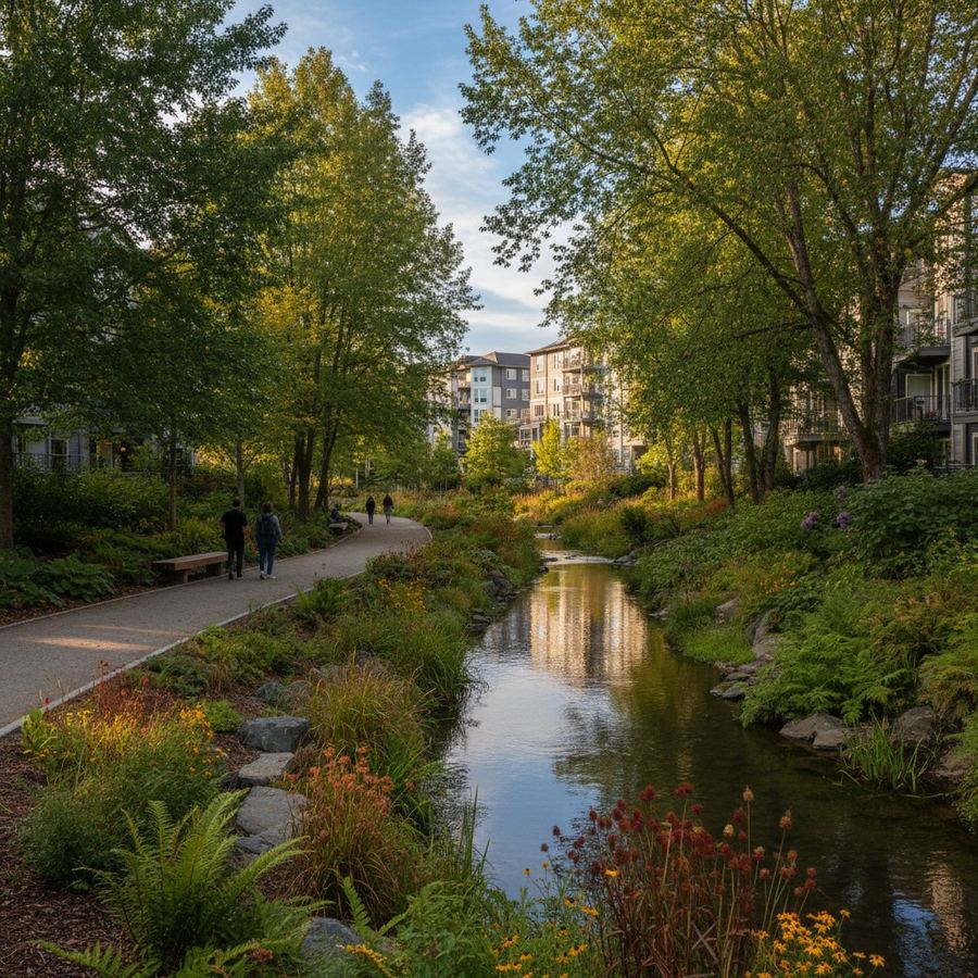 Narrow walking path along a tree-lined creek buffer in a residential area
