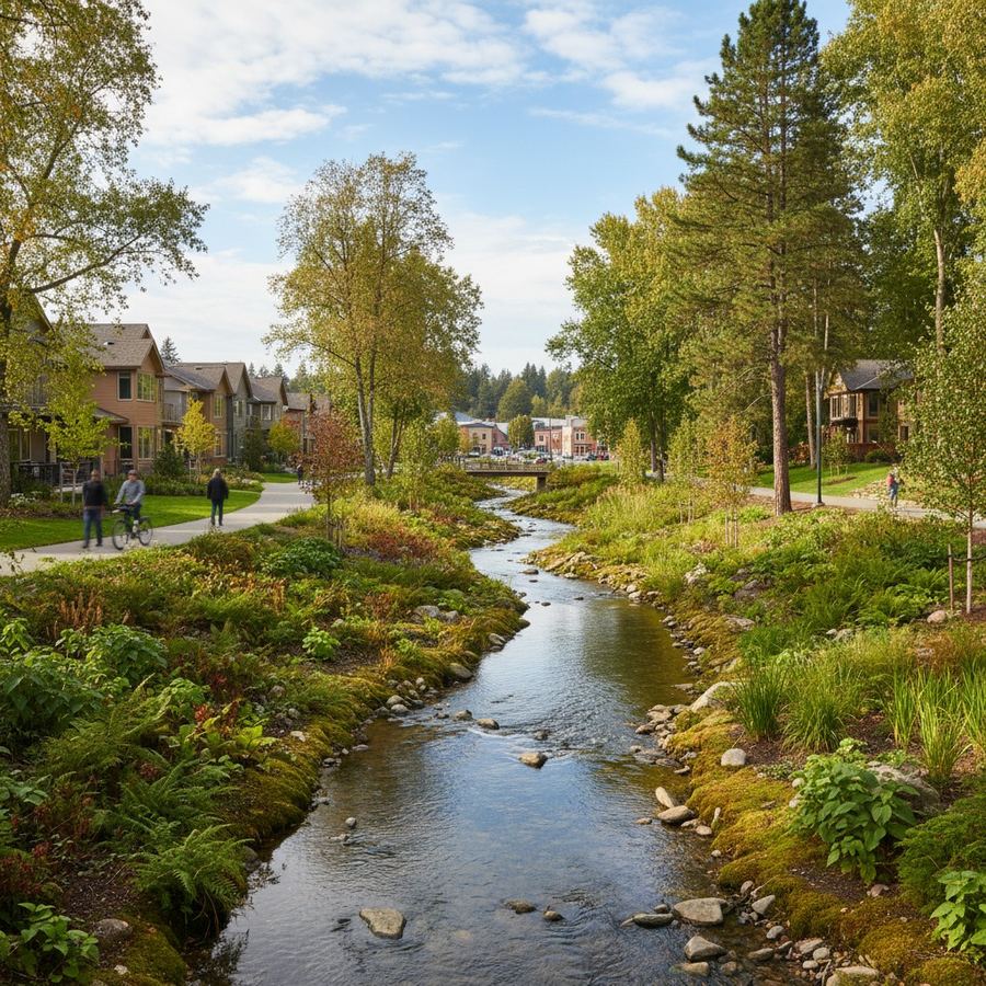 A wooded creek corridor with native understory plants running between residential neighborhoods