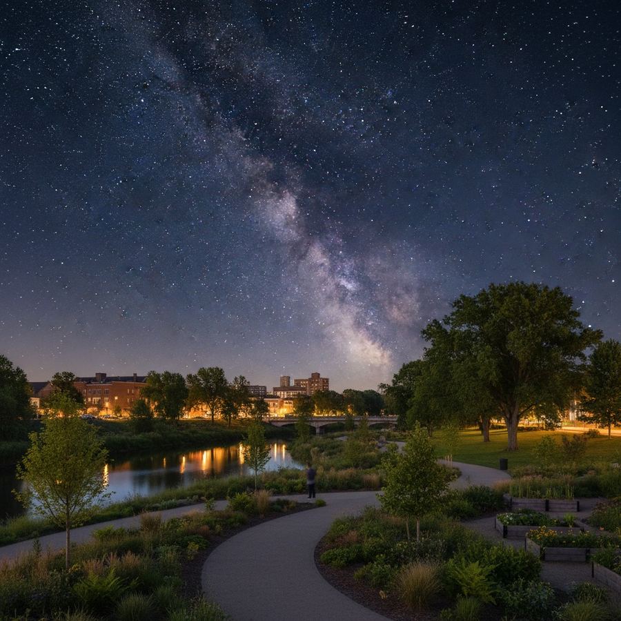 A clear view of the Milky Way visible from a park at the edge of a small city with minimal light pollution