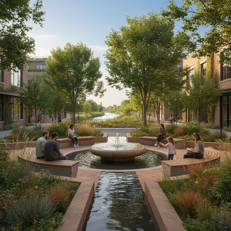 Small urban plaza with a low fountain and people sitting nearby