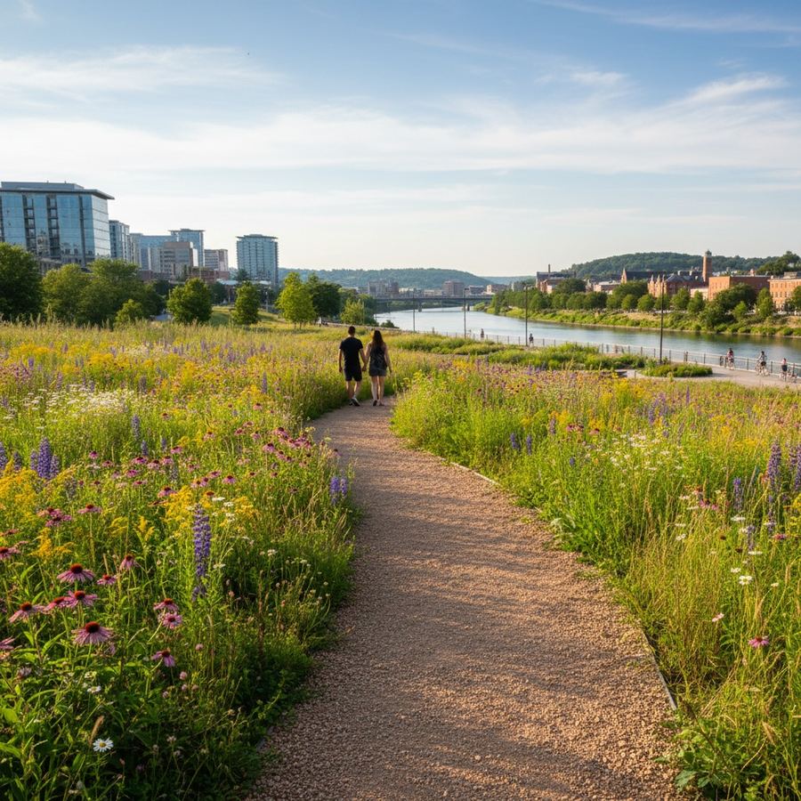 A gravel path cutting through a wildflower meadow on a summer afternoon