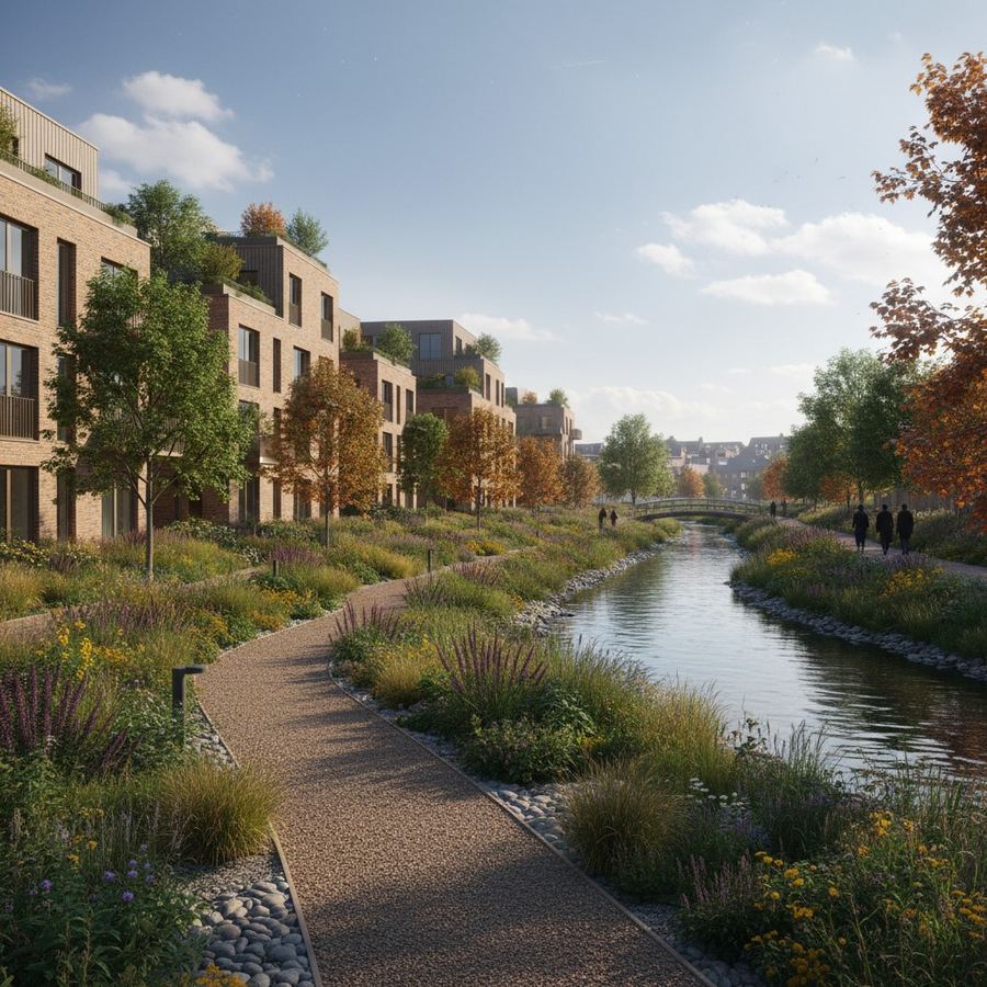 A green corridor with native plantings between residential buildings