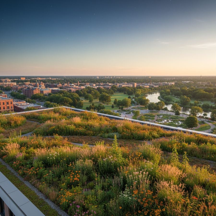 A green roof with native plantings on a mid-rise building overlooking a cityscape