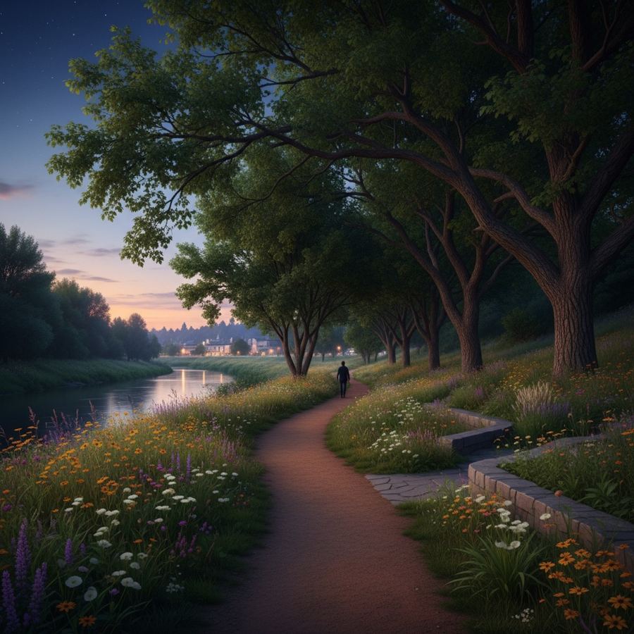 A tree-lined greenway corridor at dusk with a soft dirt trail and native wildflowers along the edges