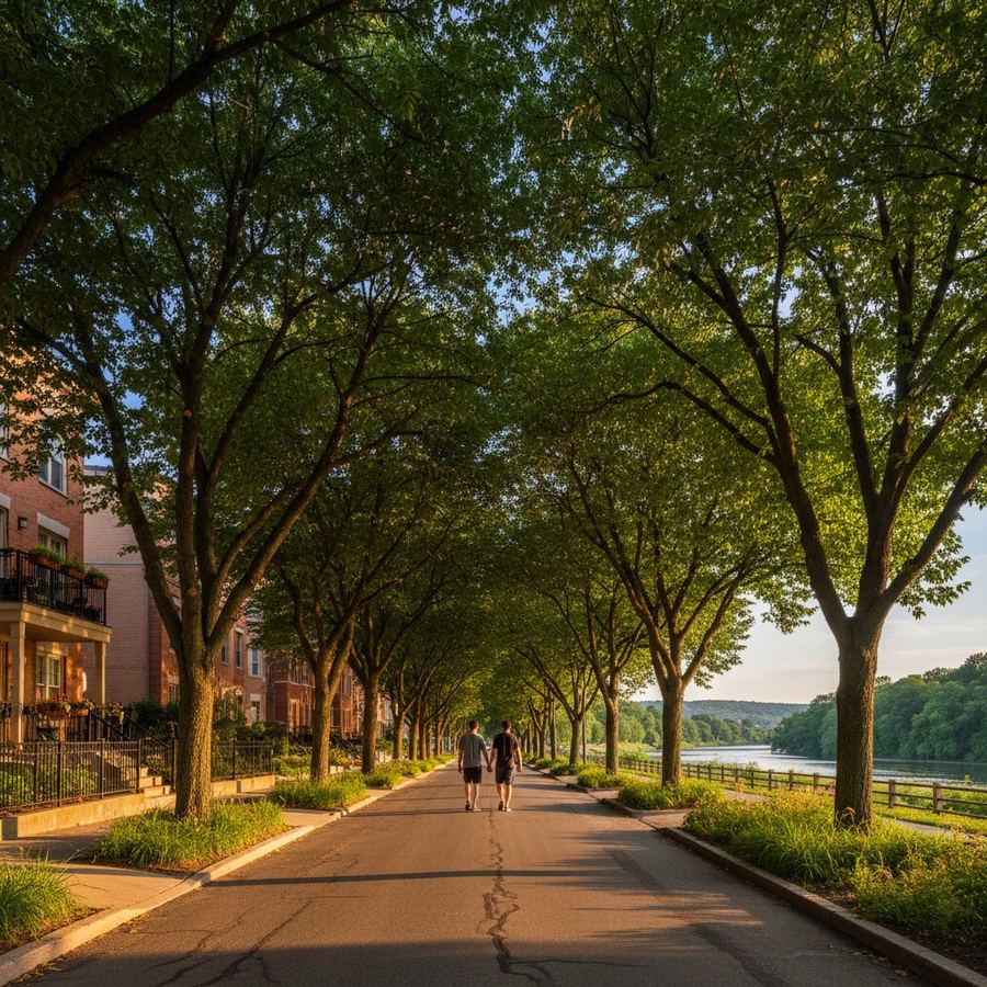 Dense canopy of mature street trees shading a residential sidewalk in summer