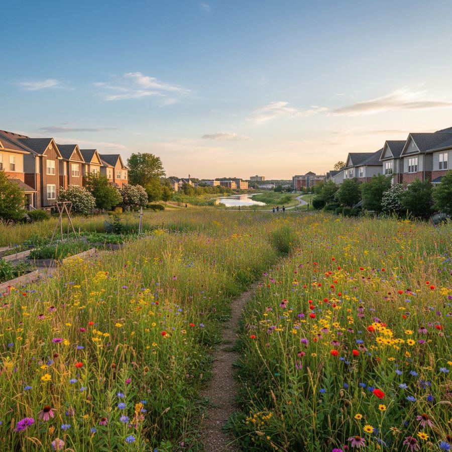 Wildflower meadow at the edge of a residential neighborhood with houses visible in the background
