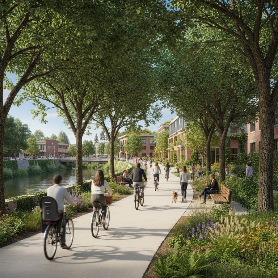 Cyclists and pedestrians sharing a wide tree-lined trail that connects to a neighborhood street