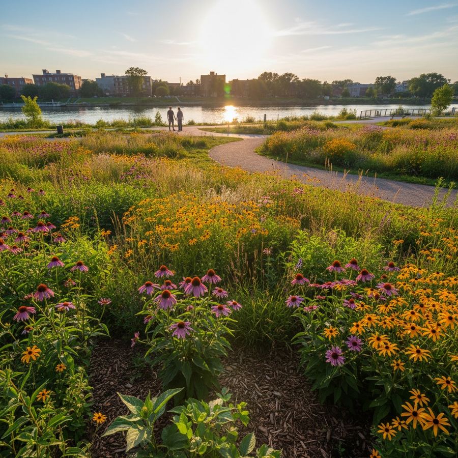 A native wildflower planting in a public park with purple coneflowers and black-eyed susans