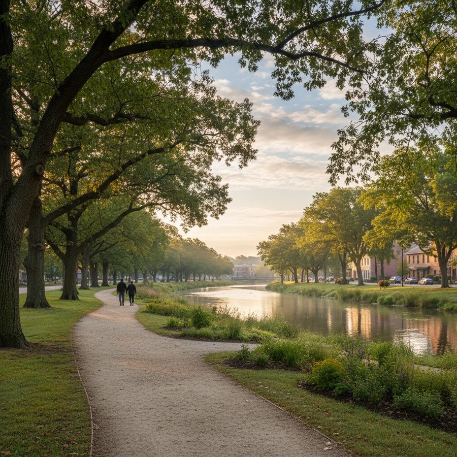 A quiet neighborhood park with mature trees and a walking path in early morning light