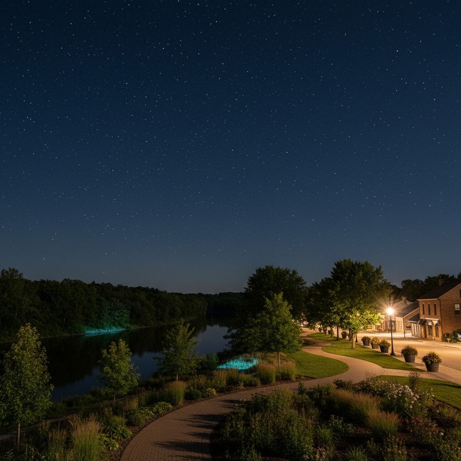 A clear night sky with visible stars above a dark rural horizon line