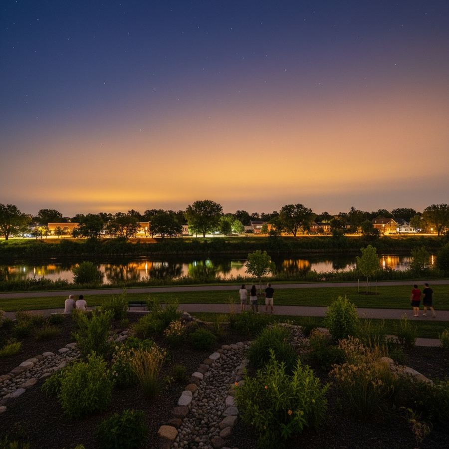 A suburban night sky showing light glow on the horizon obscuring all but the brightest stars