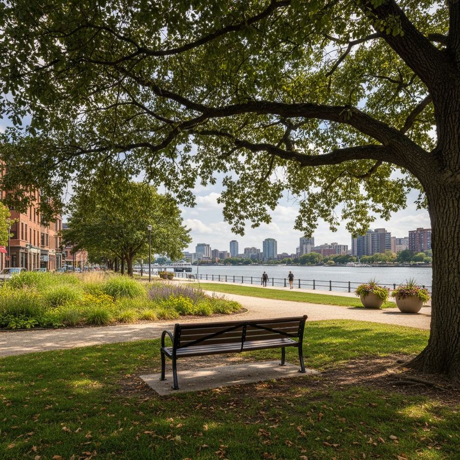 A shaded park bench beneath a mature tree canopy in a well-maintained public park
