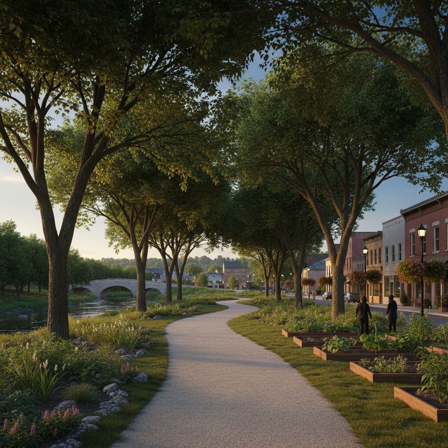 A tree-lined greenway corridor connecting two parks with a walking path down the center