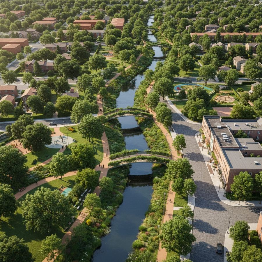 An aerial perspective showing a series of small parks connected by green corridors through a residential neighborhood