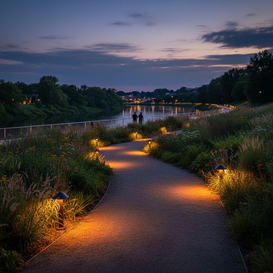 Warm-toned pathway lights illuminating a walking trail at dusk without casting light upward