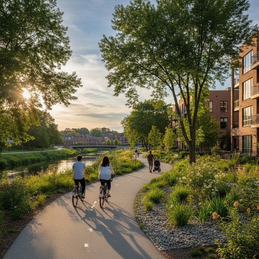 A paved multi-use trail with cyclists and pedestrians passing through a green corridor between neighborhoods