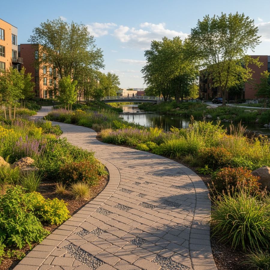 Permeable paver walkway surrounded by low plantings in an urban setting