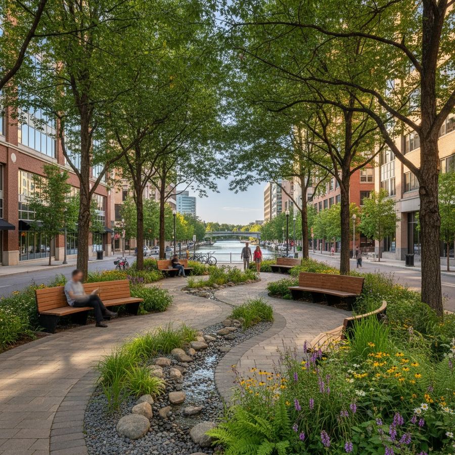 A small pocket park with seating, shade trees, and native plantings in a downtown commercial area