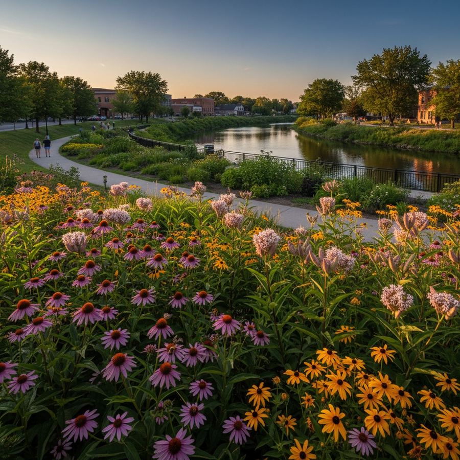 A native pollinator garden with coneflowers, milkweed, and black-eyed Susans buzzing with bees