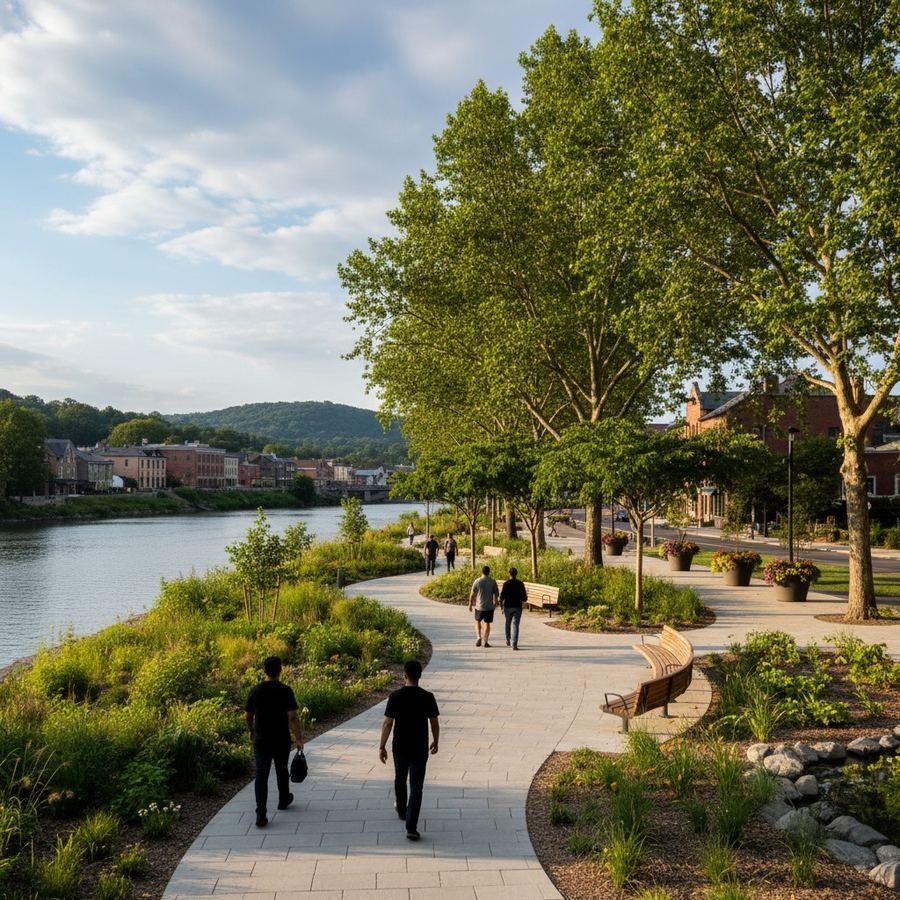 People walking along a public waterfront promenade with seating areas and shade trees