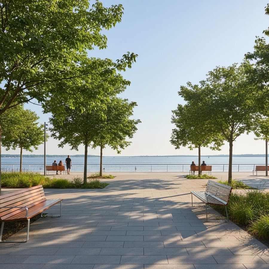 A wide public waterfront promenade with benches, trees, and open views of the water with no barriers or fences