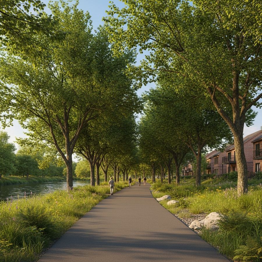 A former rail corridor converted to a paved trail with mature trees and native plantings on both sides