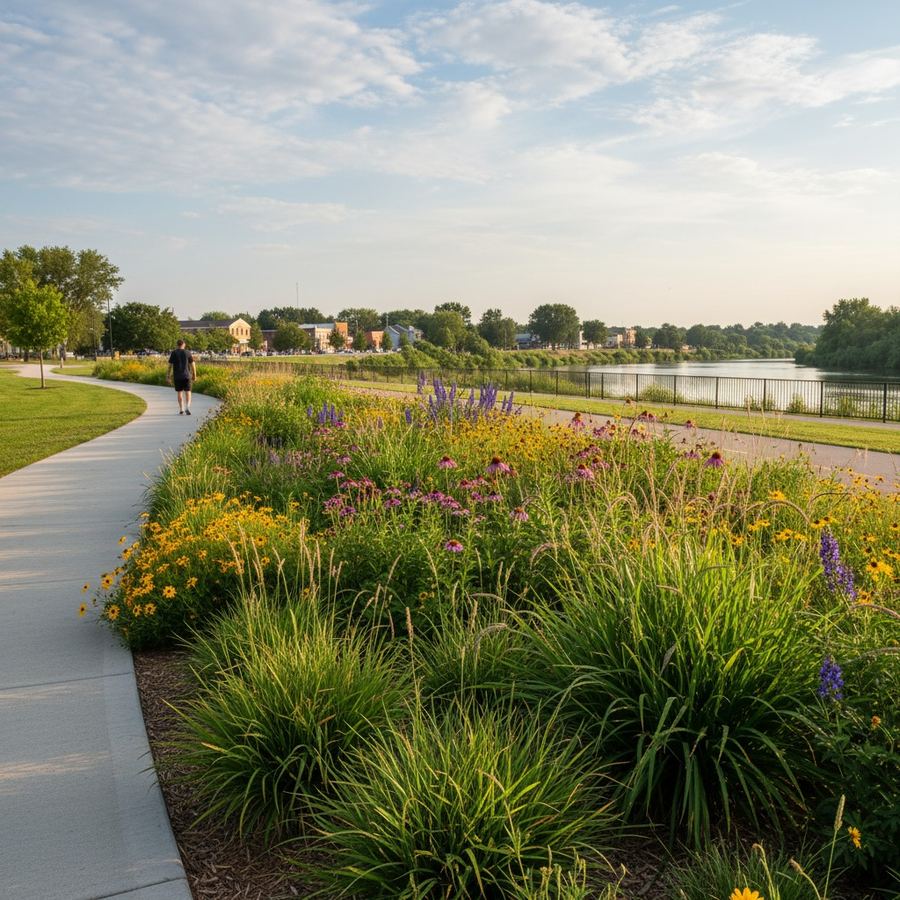 A rain garden planted with native sedges and wildflowers alongside a sidewalk