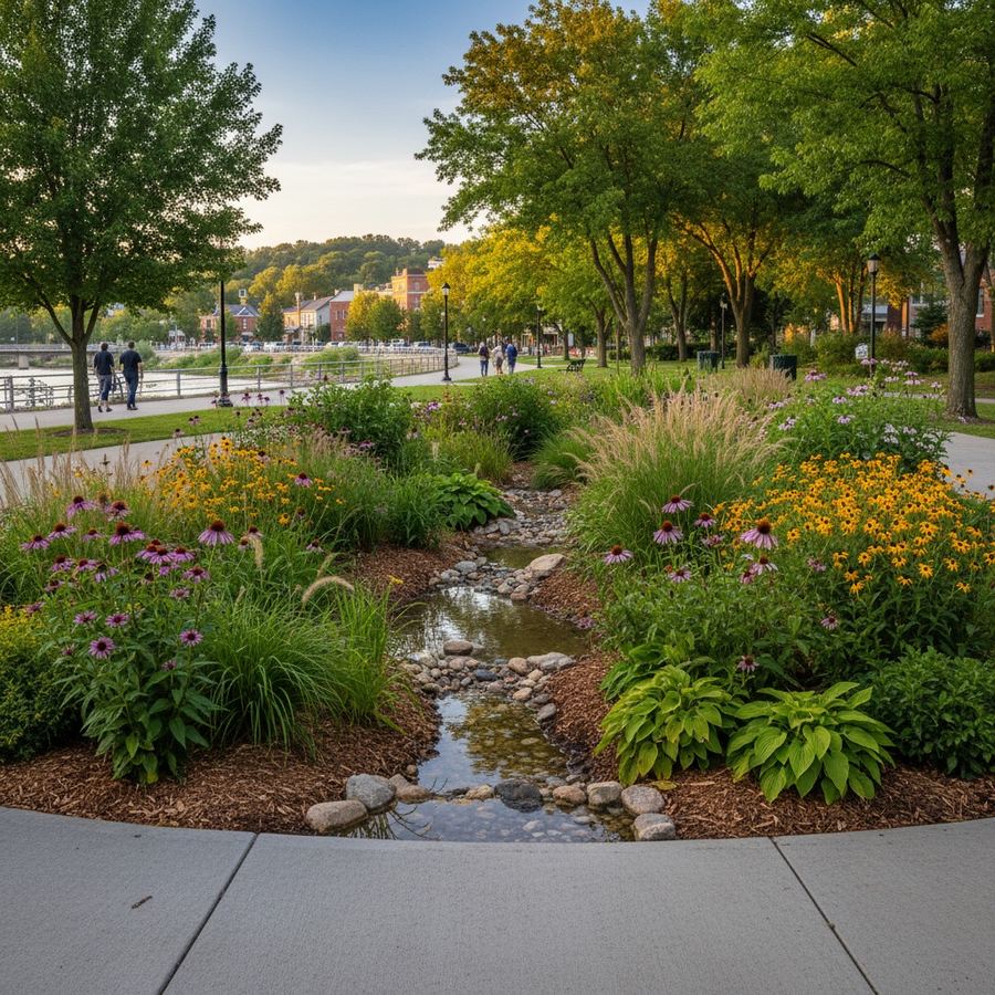 Rain garden with native plants collecting stormwater alongside a sidewalk