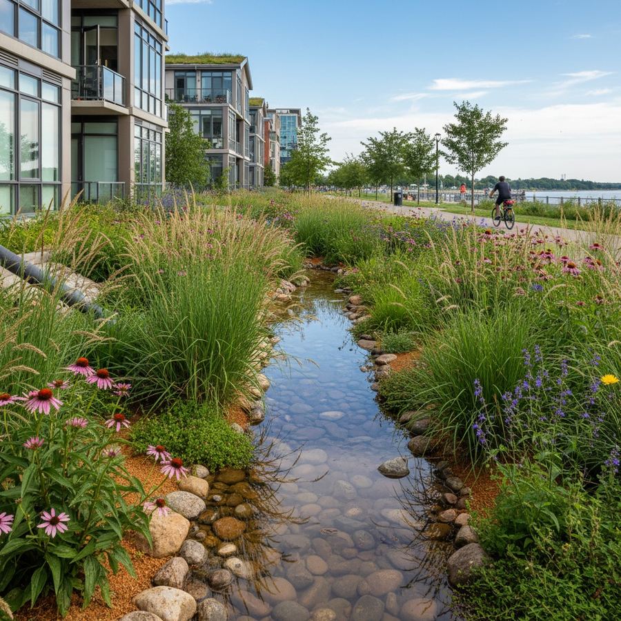 A residential rain garden with native grasses and flowering plants collecting runoff from a downspout