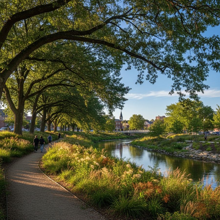A wide vegetated buffer between a walking path and a calm river with mature trees overhead