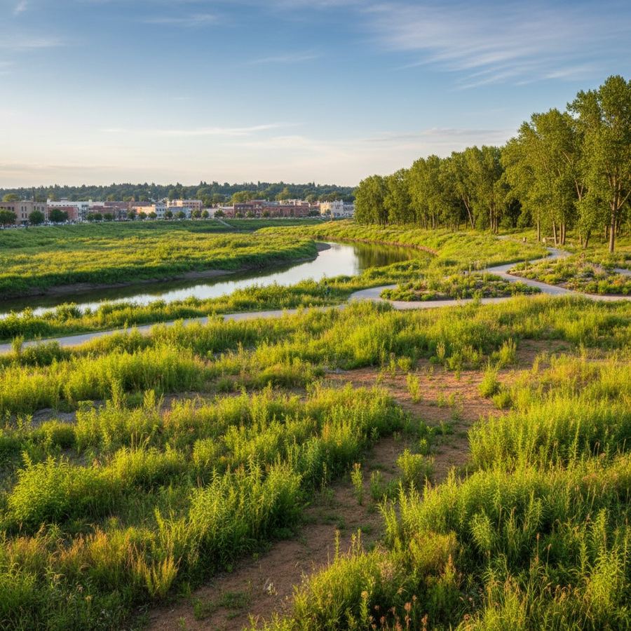 Wide river floodplain with low vegetation and a river channel visible in the distance