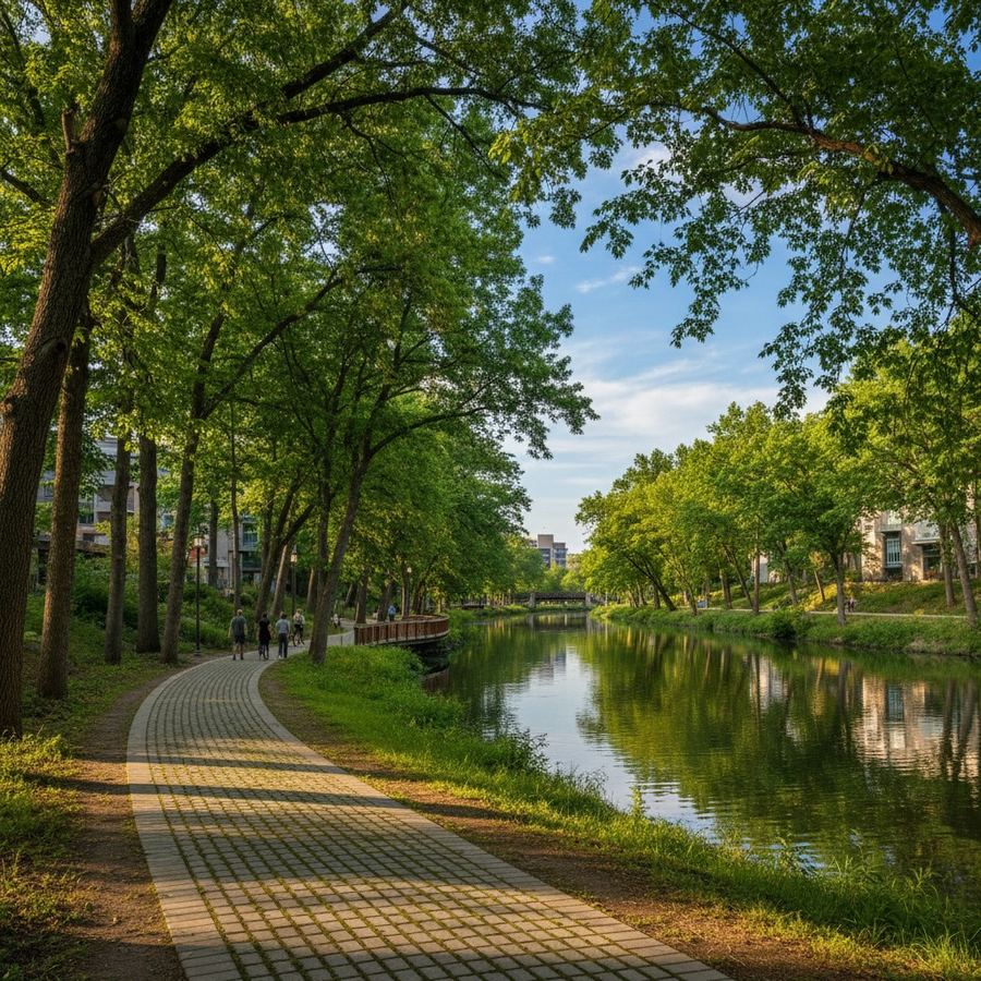 A paved greenway trail following a river corridor with mature trees and a view of the water