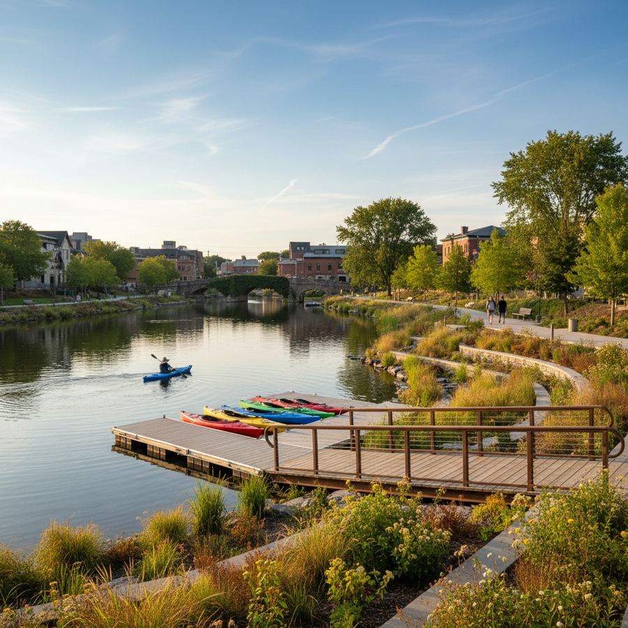 A public kayak launch point along a restored urban river with native plantings on the banks