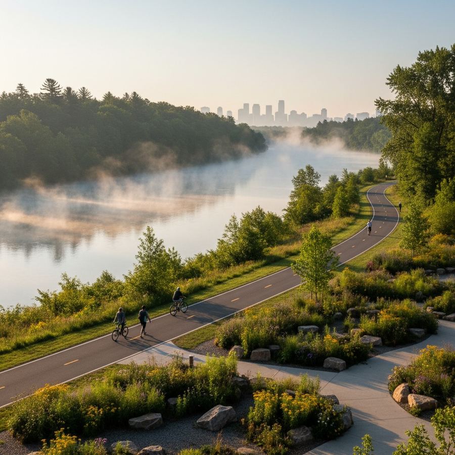 A paved trail alongside a river with morning mist and forested banks