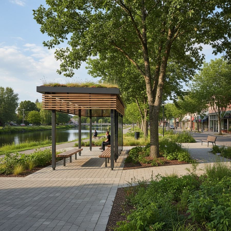 Bus stop with shade structure and nearby street trees providing cool waiting area