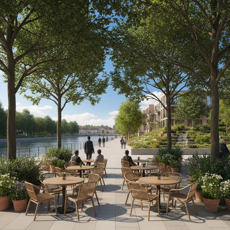 Sidewalk with cafe tables under the shade of mature street trees