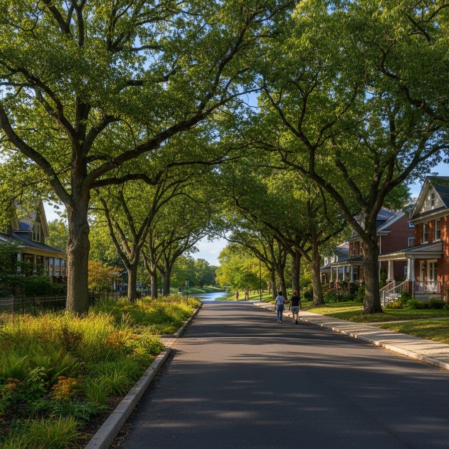 A residential street with mature shade trees reducing summer heat on the sidewalk